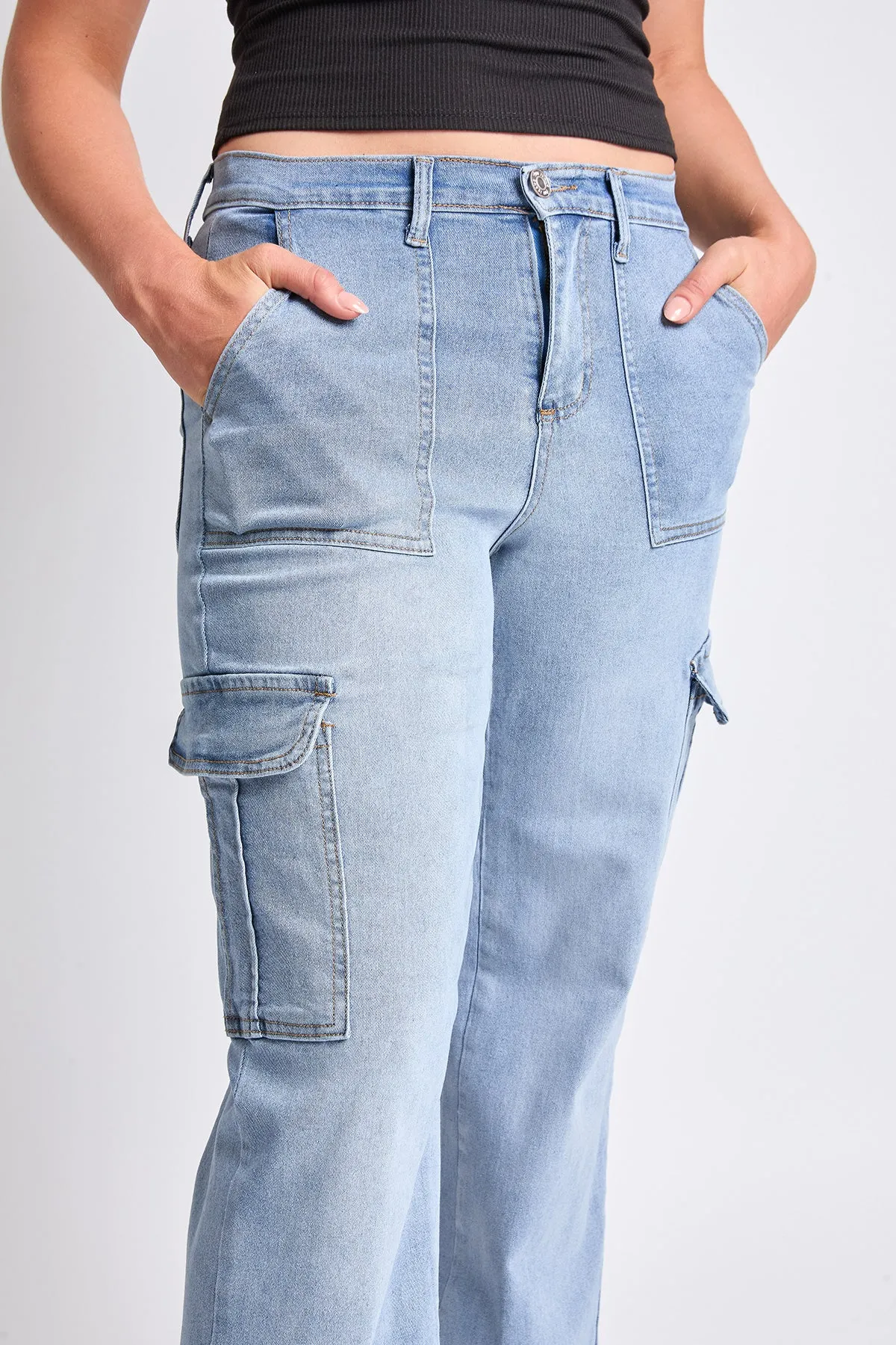 Women's High Rise Elastic Waist Cargo Straight Leg Jeans