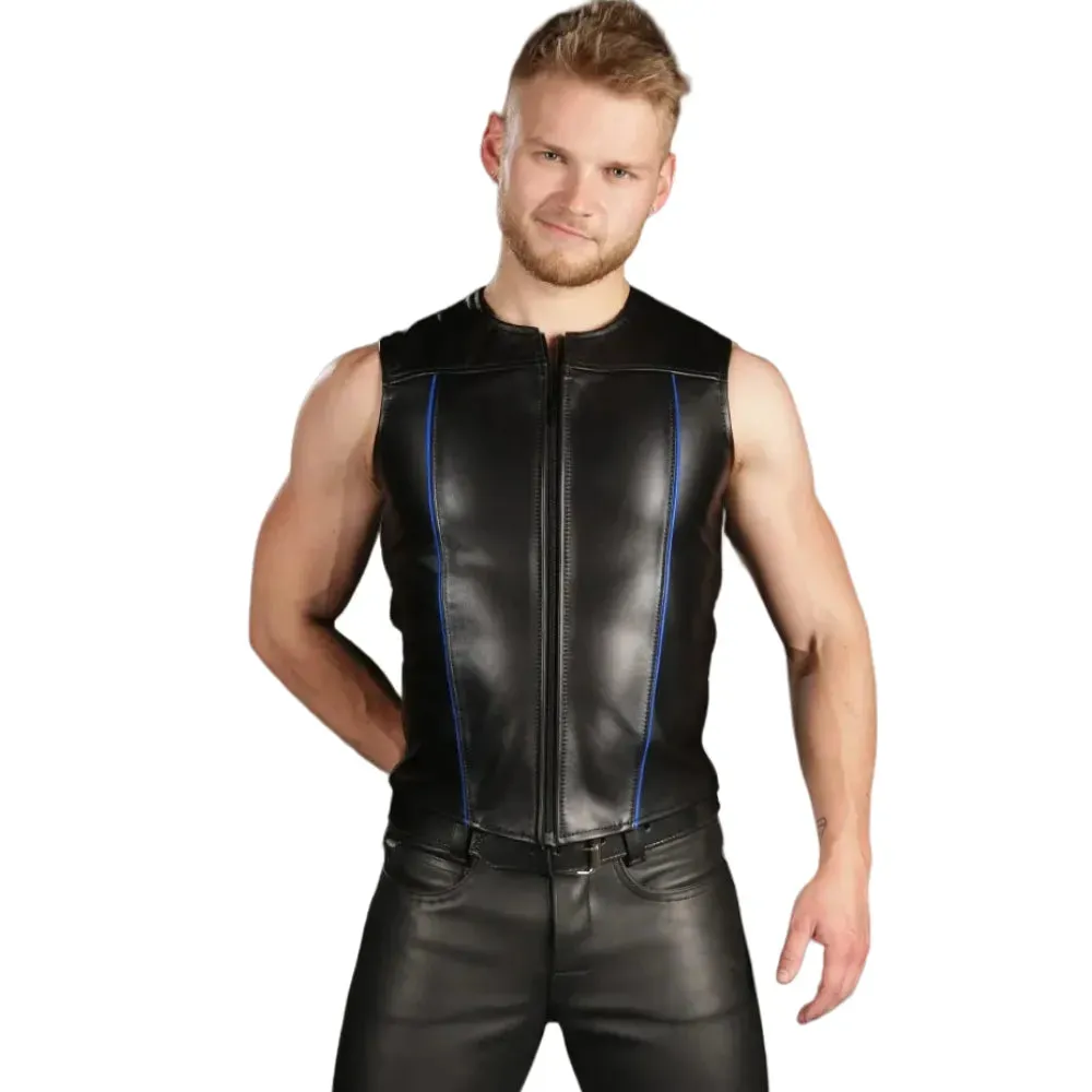 Zip Front Gay Leather Vest With Blue Piping