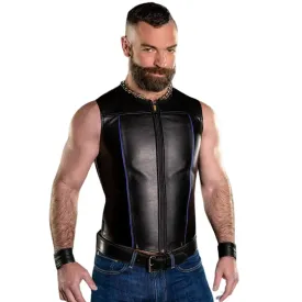 Zip Front Gay Leather Vest With Blue Piping