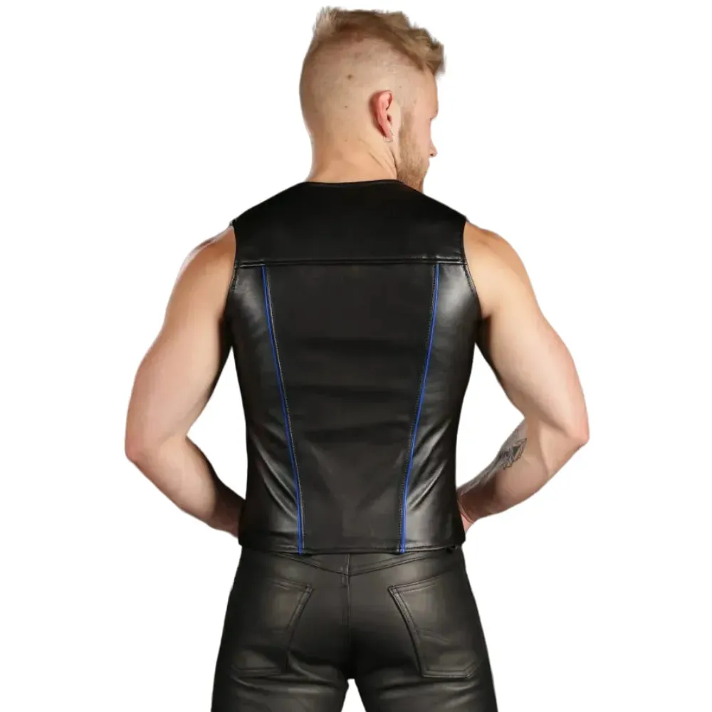 Zip Front Gay Leather Vest With Blue Piping