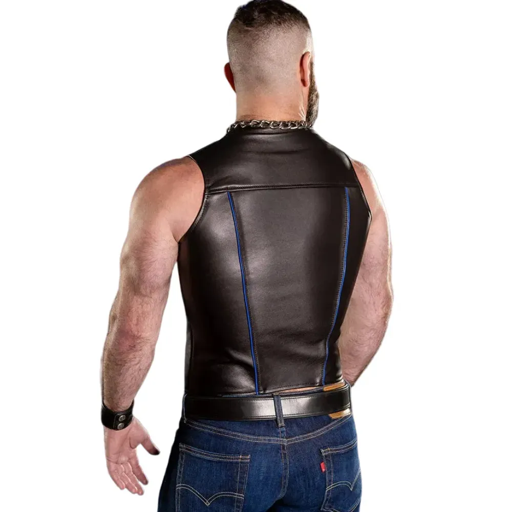 Zip Front Gay Leather Vest With Blue Piping